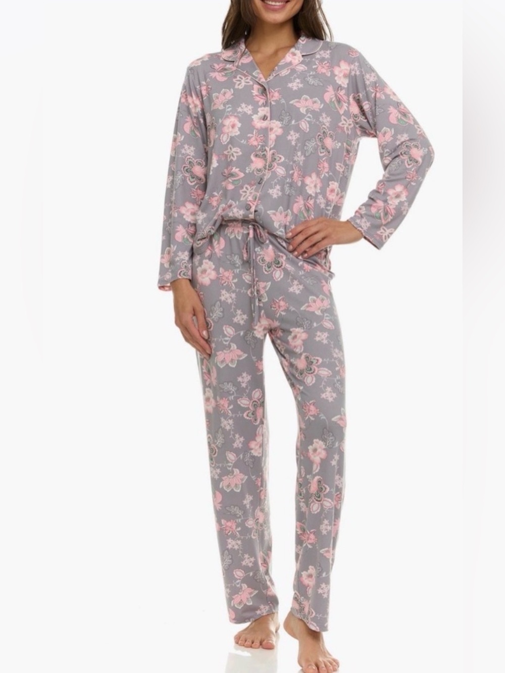 Flora Nikrooz Gray Floral Pajama Set with Pink Accents